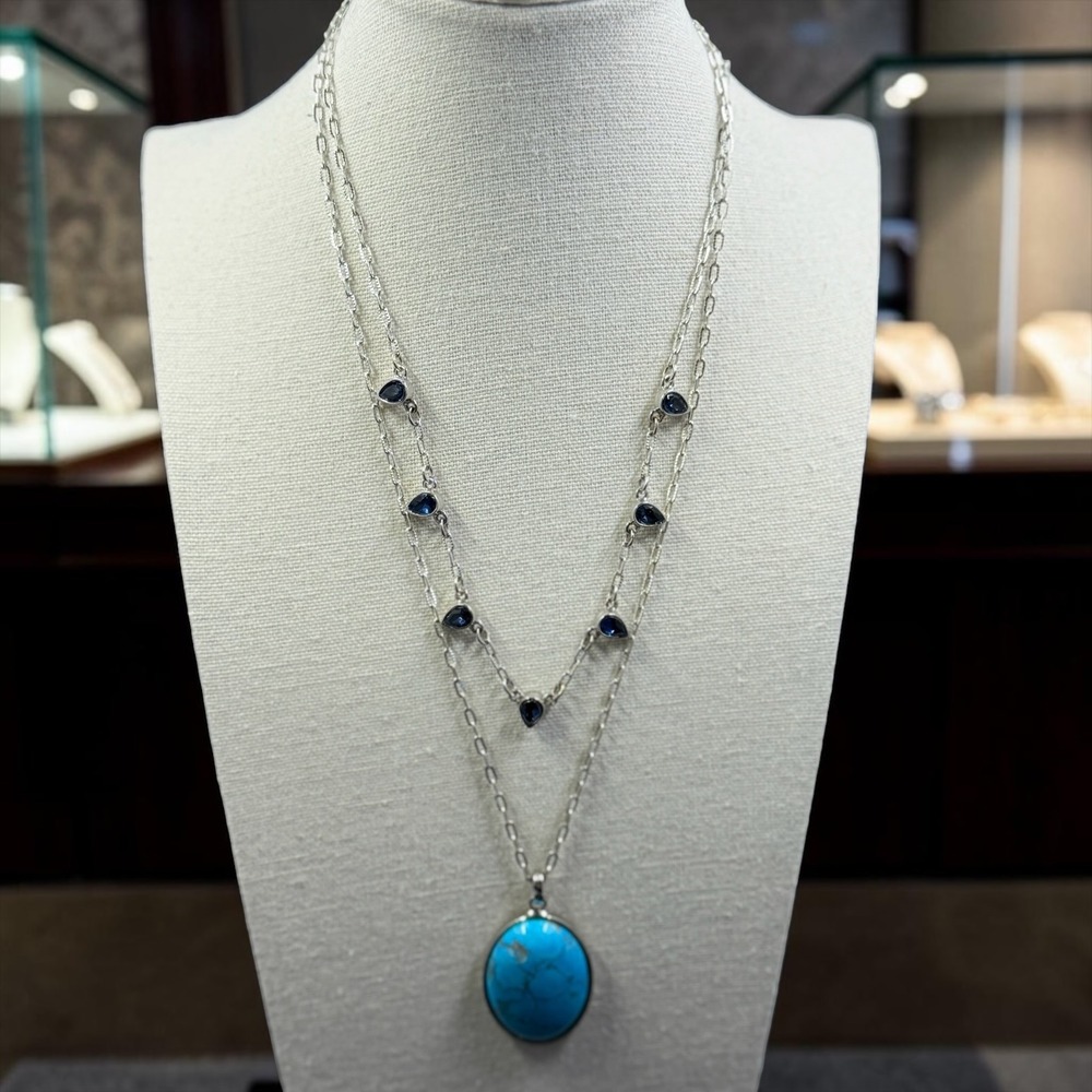 Turquoise Blue Pendant Layered Necklace 19" Silver Tone Boho Western Glam NWOT